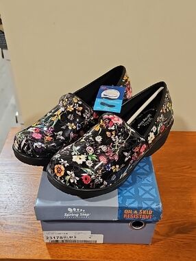 Spring Step Black Floral Slip-On Clog with Multicolor Blossoms